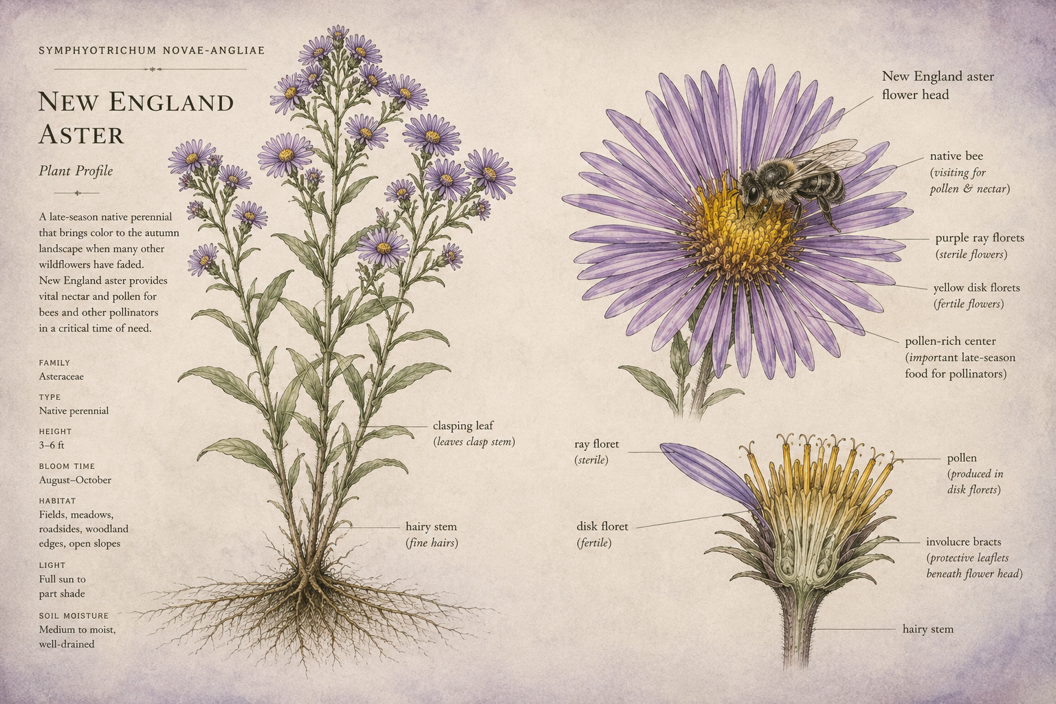 Botanical field-plate illustration of New England aster with flower anatomy and native bee